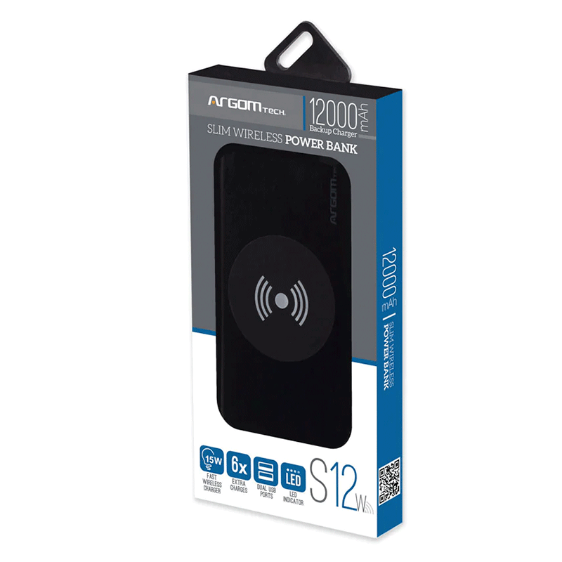 PowerBank Argom S12W 12000mAh USB Carga Inalámbrica Negro